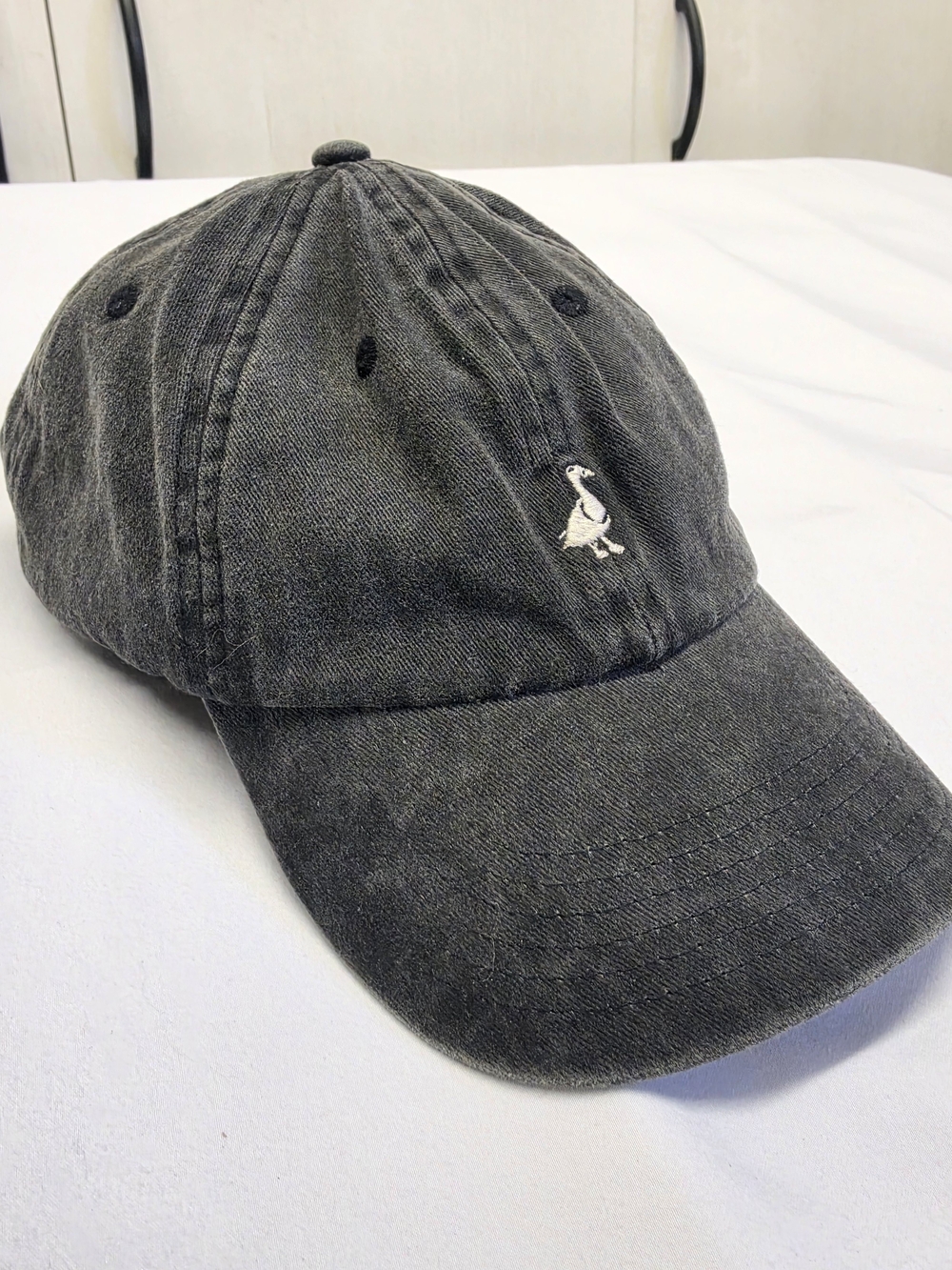 H&M Washed Charcoal Gray Baseball Cap with White Embroidered Duck